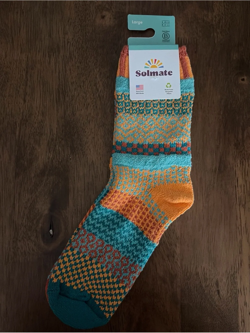 NEW Turquoise and Orange Solmate Crew Socks - Large